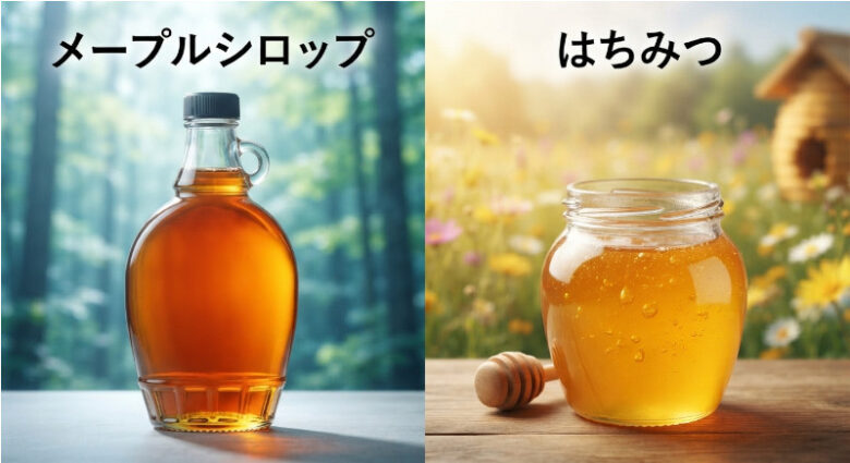 メープルシロップとはちみつの起源を比較する写真。左側のボトルにはカエデの森が、右側の瓶にはお花畑が背景に写っており、文字やアイコンは一切ない