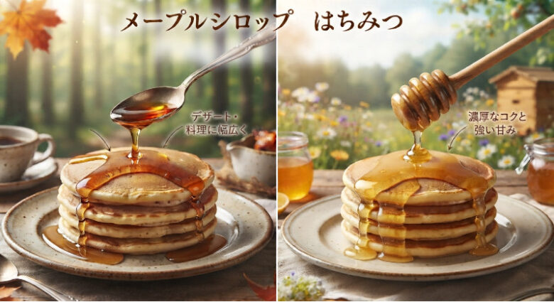ホットケーキの比較写真。左側にはカエデの森を背景にスプーンでメープルシロップが、右側にはお花畑を背景にハニーディッパーではちみつが、それぞれホットケーキにかけられている。