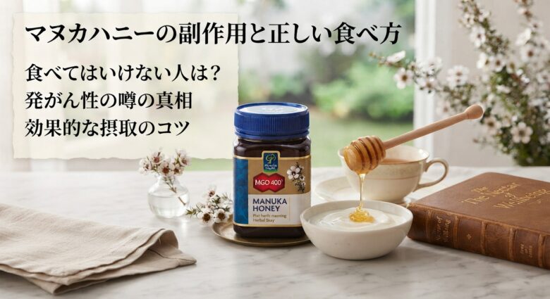 「マヌカハニーの副作用と正しい食べ方」「食べてはいけない人は?」「発がん性の噂の真相」「効果的な摂取のコツ」という日本語のテキストが左上に配置され、中央にマヌカハニーの瓶とハニーディッパー、ヨーグルト、ハーブティー、本が並ぶ洗練された窓辺のテーブル