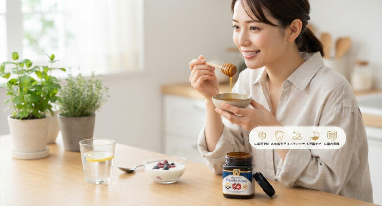 マヌカハニーをスプーンですくって食べようとしている健康的な女性と、5つの効能(風邪予防、虫歯予防、スキンケア、胃腸ケア、腸内環境)を示すアイコン