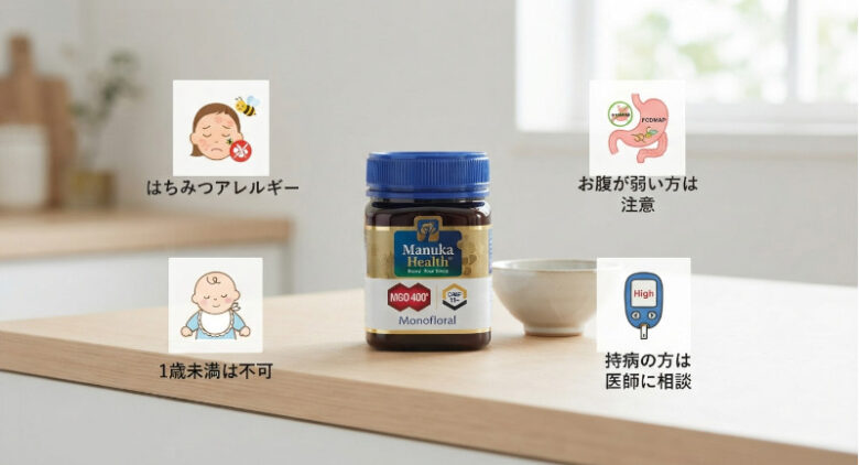 明るいキッチンに置かれたマヌカハニーの瓶の周囲に、「1歳未満」「持病」「アレルギー」「お腹の注意」を示す小さなアイコンとシンプルな文字が配置されている写真