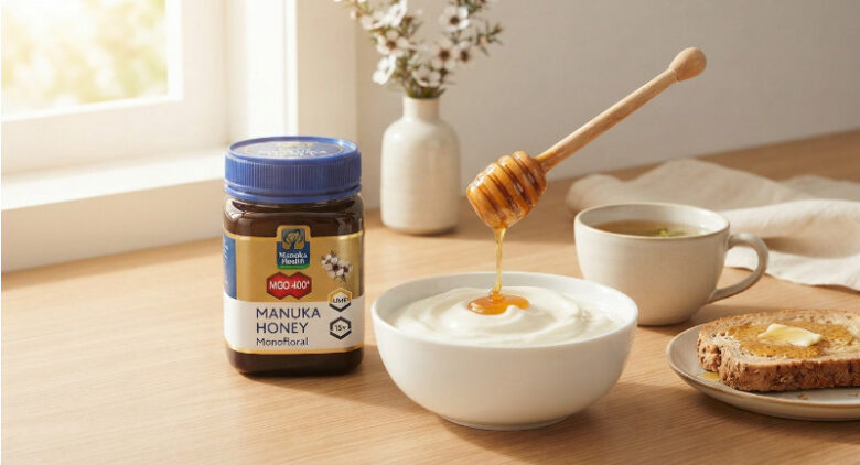 白いボウルのヨーグルトの上に、木製のハニーディッパーを使ってマヌカハニーを美味しそうにかけている明るいキッチンの写真