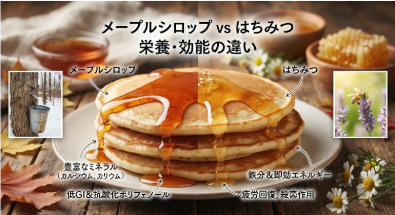 メープルシロップとはちみつの栄養・効能を比較する写真。ホットケーキを中心に、左に樹液採取、右にミツバチの小さな写真を配置。