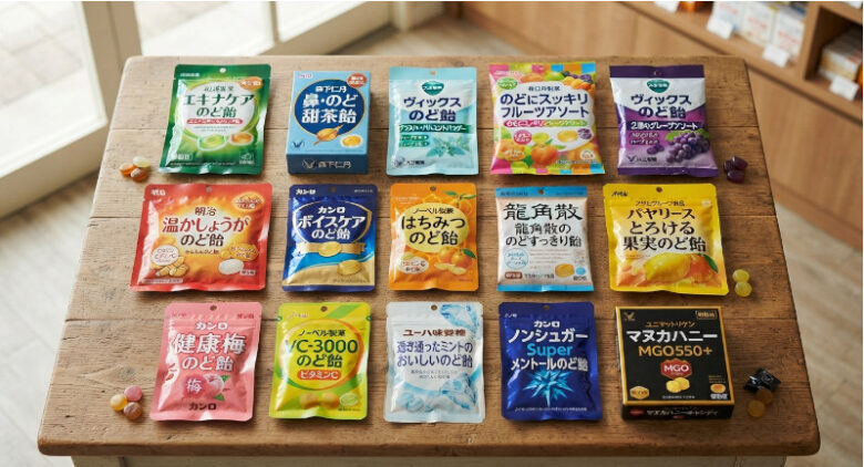 木製のテーブルの上に、エキナケアのど飴やマヌカハニー、ヴィックスなど、今回紹介する様々な種類ののど飴15選のパッケージが綺麗に並べられている様子。