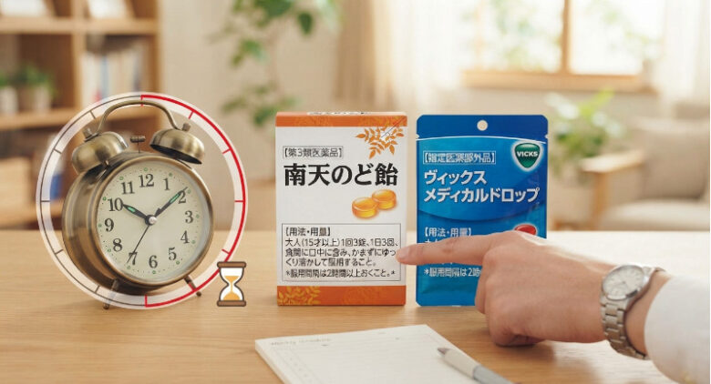 テーブルの上に置かれた南天のど飴やヴィックスのパッケージの用法・用量表示を指差している手元と、2時間の間隔を意識させる時計やタイマーのグラフィック。
