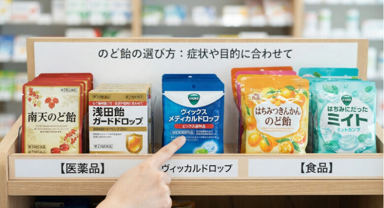 ドラッグストアの店頭で、「医薬品」「医薬部外品」「食品」の各カテゴリーに分かれたのど飴の陳列棚と、ヴィックスのパッケージを指差して選んでいる様子。