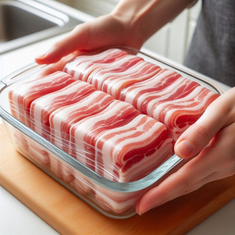 ガラス容器にきれいに並べられた生の豚バラ肉を両手で持っている様子。縞模様が美しく、2列に整然とラップをされて配置されている。