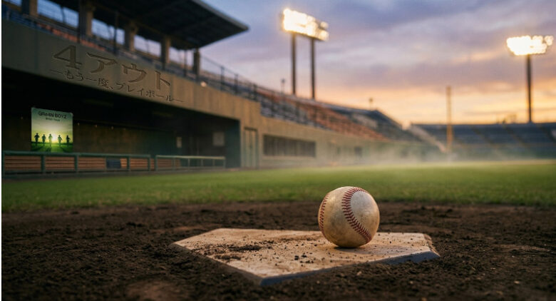夕暮れの無人の野球グラウンドで、ホームベース上に置かれた一球の野球ボール。ベンチにはGRe4N BOYZをイメージさせる「Green boys」の文字。