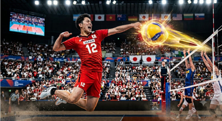 咆哮しながら強烈なスパイクを放つ、バレーボール日本代表選手（背番号12）。ボールは弾丸のように高速で、炎をまとったように描かれている