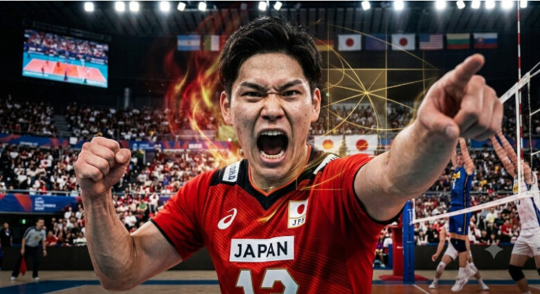 咆哮しながら指をさしチームを鼓舞するバレーボール日本代表選手。背景に炎と金色の光のライン