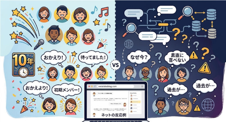 ベッキーのイッテQ復帰に対するネット上の歓迎の声と慎重・批判的な声を比較したイメージイラスト
