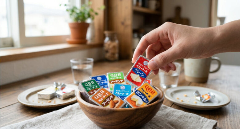 小腹が空いたときに手軽につまめる個包装のベビーチーズ。プレーンやアーモンドなど気分に合わせて楽しめます。