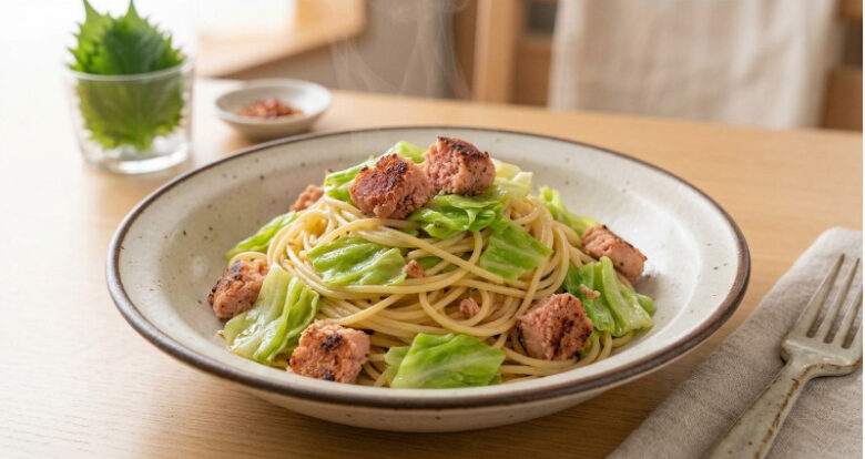 香ばしく焼いたたらことたっぷりキャベツのあっさり和風パスタの完成イメージ