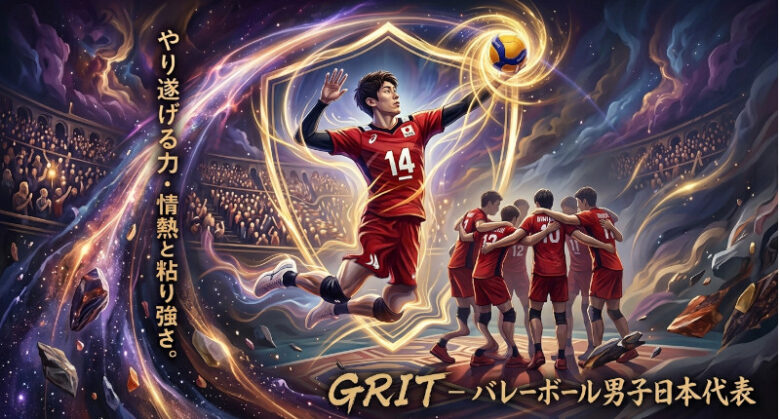 バレーボール男子日本代表をイメージしたドキュメンタリー映画『GRIT』のコンセプトグラフィック。中央には背番号14をつけた選手が空中へ力強くジャンプする姿と、肩を組み合うチームメンバー、背景にはスタジアムの熱気が幻想的に描かれ、文字で「やり遂げる力・情熱と粘り強さ。」および「GRIT - バレーボール男子日本代表」と配置されたデザイン。
