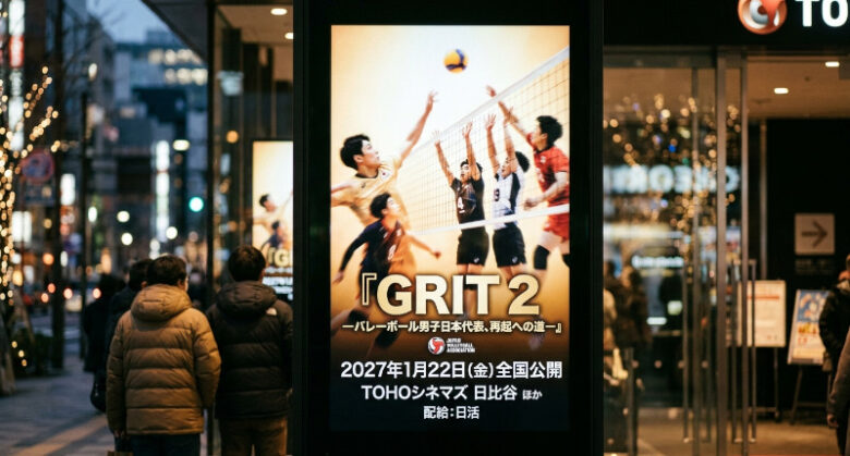 映画館のデジタルサイネージに掲示された『GRIT 2』男子バレー日本代表ドキュメンタリー映画の公開告知ポスター(2027年1月22日公開)