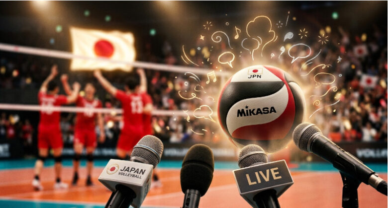 アリーナのコート上に置かれた日本代表バレーボールと集まった複数のマイク。ボールからは熱いコメントをイメージさせる光の粒子と抽象的なスピーチバルブが立ち上る