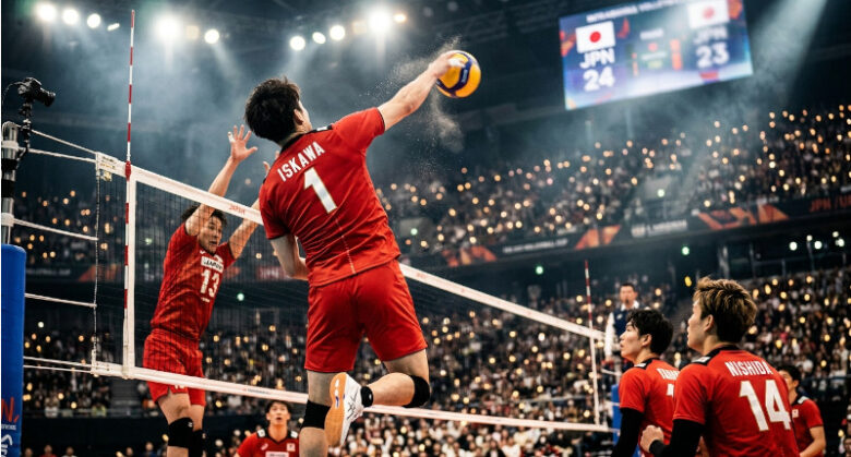 巨大な満員のアリーナで、強烈なスパイクを打つ瞬間の男子バレー日本代表選手と、歓声を上げる観客席。ドキュメンタリー映画『GRIT 2』の見どころ
