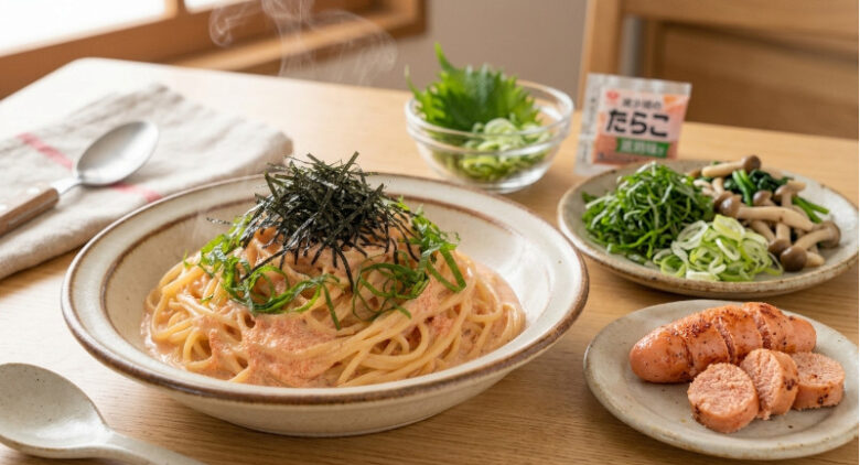 焼きたらこと大葉・野菜を添えたしっかり加熱の安心たらこパスタ