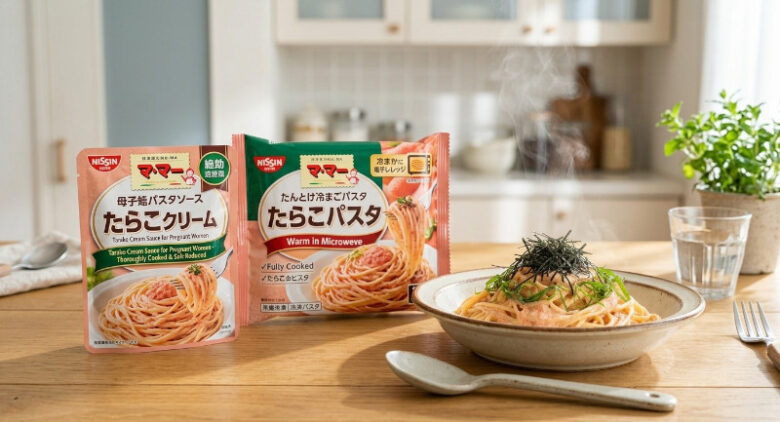 外食や市販のレトルト・冷凍たらこパスタを加熱して安全に食べるイメージ
